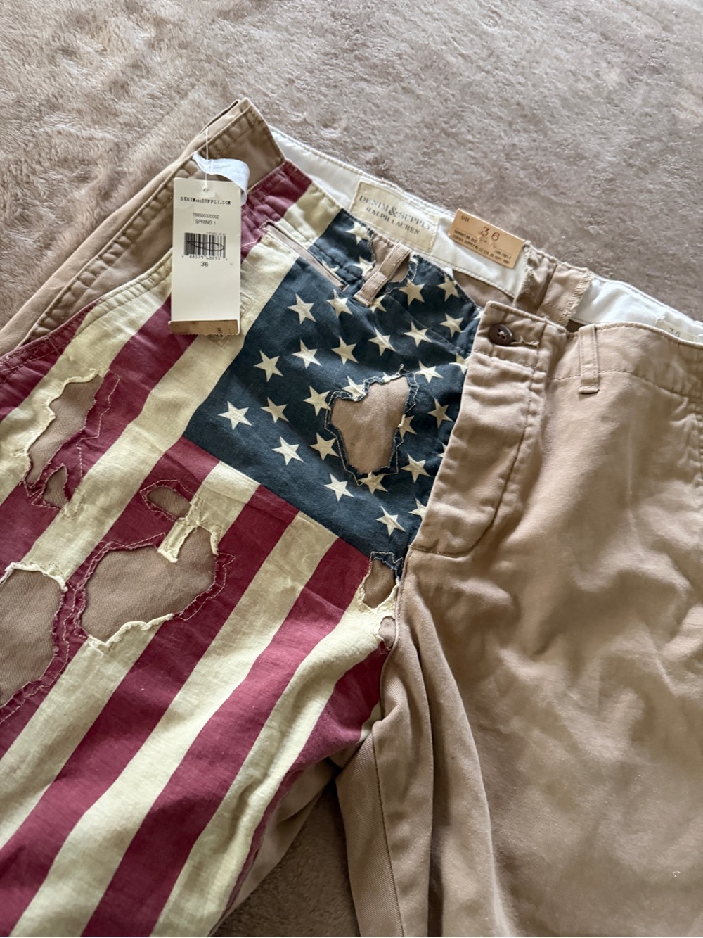 Ralph Lauren Denim & Supply 2 Tone Khaki Shorts w/Distressed American Flag Panel - Picture 7 of 10